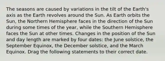 The seasons are caused by variations in the tilt of the Earth's axis as the Earth revolves around the Sun. As Earth orbits the Sun, the Northern Hemisphere faces in the direction of the Sun during some times of the year, while the Southern Hemisphere faces the Sun at other times. Changes in the position of the Sun and day length are marked by four dates: the June solstice, the September Equinox, the December solstice, and the March Equinox. Drag the following statements to their correct date.