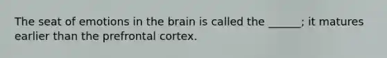 The seat of emotions in the brain is called the ______; it matures earlier than the prefrontal cortex.