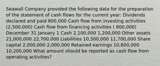 Seawall Company provided the following data for the preparation of the statement of cash flows for the current year: Dividends declared and paid 800,000 Cash flow from investing activities (2,500,000) Cash flow from financing activities ( 800,000) December 31 January 1 Cash 2,100,000 1,200,000 Other assets 21,000,000 22,700,000 Liabilities 10,500,000 11,700,000 Share capital 2,000,000 2,000,000 Retained earnings 10,600,000 10,200,000 What amount should be reported as cash flow from operating activities?