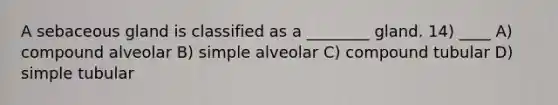 A sebaceous gland is classified as a ________ gland. 14) ____ A) compound alveolar B) simple alveolar C) compound tubular D) simple tubular