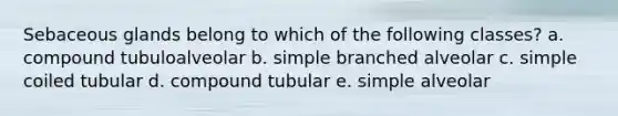 Sebaceous glands belong to which of the following classes? a. compound tubuloalveolar b. simple branched alveolar c. simple coiled tubular d. compound tubular e. simple alveolar