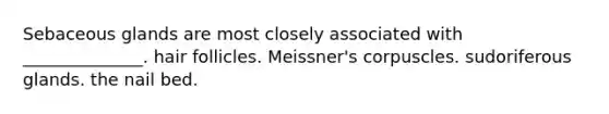 Sebaceous glands are most closely associated with ______________. hair follicles. Meissner's corpuscles. sudoriferous glands. the nail bed.