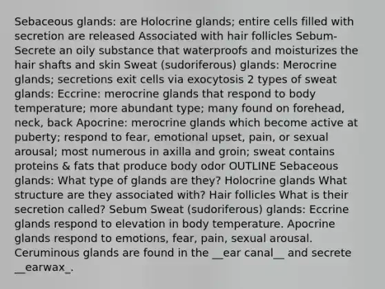 Sebaceous glands: are Holocrine glands; entire cells filled with secretion are released Associated with hair follicles Sebum- Secrete an oily substance that waterproofs and moisturizes the hair shafts and skin Sweat (sudoriferous) glands: Merocrine glands; secretions exit cells via exocytosis 2 types of sweat glands: Eccrine: merocrine glands that respond to body temperature; more abundant type; many found on forehead, neck, back Apocrine: merocrine glands which become active at puberty; respond to fear, emotional upset, pain, or sexual arousal; most numerous in axilla and groin; sweat contains proteins & fats that produce body odor OUTLINE Sebaceous glands: What type of glands are they? Holocrine glands What structure are they associated with? Hair follicles What is their secretion called? Sebum Sweat (sudoriferous) glands: Eccrine glands respond to elevation in body temperature. Apocrine glands respond to emotions, fear, pain, sexual arousal. Ceruminous glands are found in the __ear canal__ and secrete __earwax_.