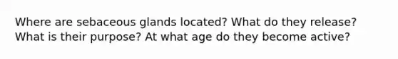 Where are sebaceous glands located? What do they release? What is their purpose? At what age do they become active?