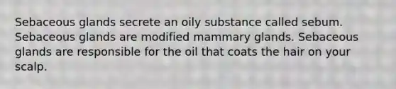 Sebaceous glands secrete an oily substance called sebum. Sebaceous glands are modified mammary glands. Sebaceous glands are responsible for the oil that coats the hair on your scalp.