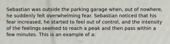 Sebastian was outside the parking garage when, out of nowhere, he suddenly felt overwhelming fear. Sebastian noticed that his fear increased, he started to feel out of control, and the intensity of the feelings seemed to reach a peak and then pass within a few minutes. This is an example of a: