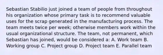 Sebastian Stabilio just joined a team of people from throughout his organization whose primary task is to recommend valuable uses for the scrap generated in the manufacturing process. The team meets twice per week; otherwise members work within the usual organizational structure. The team, not permanent, which Sebastian has joined, would be considered a: A. Work team B. Working group C. Project group D. Project team E. Parallel team