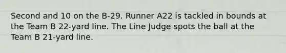 Second and 10 on the B-29. Runner A22 is tackled in bounds at the Team B 22-yard line. The Line Judge spots the ball at the Team B 21-yard line.