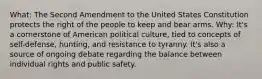 What: The Second Amendment to the United States Constitution protects the right of the people to keep and bear arms. Why: It's a cornerstone of American political culture, tied to concepts of self-defense, hunting, and resistance to tyranny. It's also a source of ongoing debate regarding the balance between individual rights and public safety.