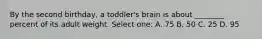 By the second birthday, a toddler's brain is about ________ percent of its adult weight. Select one: A. 75 B. 50 C. 25 D. 95