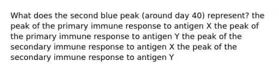 What does the second blue peak (around day 40) represent? the peak of the primary immune response to antigen X the peak of the primary immune response to antigen Y the peak of the secondary immune response to antigen X the peak of the secondary immune response to antigen Y