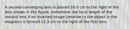 A second converging lens is placed 20.0 cm to the right of the lens shown in the figure. Determine the focal length of the second lens if an inverted image (relative to the object in the diagram) is formed 13.3 cm to the right of the first lens.