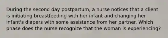 During the second day postpartum, a nurse notices that a client is initiating breastfeeding with her infant and changing her infant's diapers with some assistance from her partner. Which phase does the nurse recognize that the woman is experiencing?