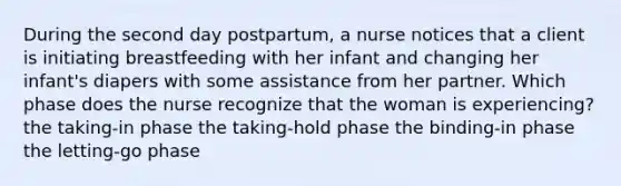 During the second day postpartum, a nurse notices that a client is initiating breastfeeding with her infant and changing her infant's diapers with some assistance from her partner. Which phase does the nurse recognize that the woman is experiencing? the taking-in phase the taking-hold phase the binding-in phase the letting-go phase