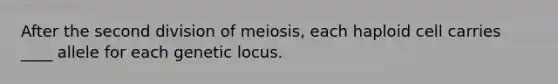 After the second division of meiosis, each haploid cell carries ____ allele for each genetic locus.