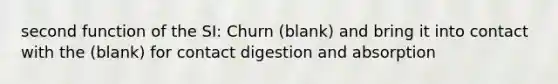 second function of the SI: Churn (blank) and bring it into contact with the (blank) for contact digestion and absorption