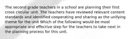 The second grade teachers in a school are planning their first cross circular unit. The teachers have reviewed relevant content standards and identified cooperating and sharing as the unifying theme for the unit Which of the following would be most appropriate and effective step for the teachers to take next in the planning process for this unit.