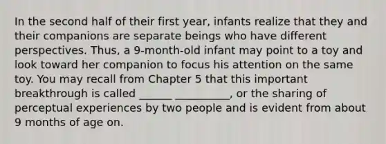 In the second half of their first year, infants realize that they and their companions are separate beings who have different perspectives. Thus, a 9-month-old infant may point to a toy and look toward her companion to focus his attention on the same toy. You may recall from Chapter 5 that this important breakthrough is called ______ __________, or the sharing of perceptual experiences by two people and is evident from about 9 months of age on.