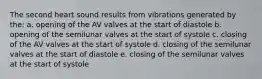 The second heart sound results from vibrations generated by the: a. opening of the AV valves at the start of diastole b. opening of the semilunar valves at the start of systole c. closing of the AV valves at the start of systole d. closing of the semilunar valves at the start of diastole e. closing of the semilunar valves at the start of systole