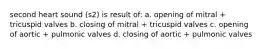 second heart sound (s2) is result of: a. opening of mitral + tricuspid valves b. closing of mitral + tricuspid valves c. opening of aortic + pulmonic valves d. closing of aortic + pulmonic valves
