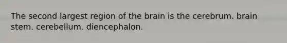 The second largest region of <a href='https://www.questionai.com/knowledge/kLMtJeqKp6-the-brain' class='anchor-knowledge'>the brain</a> is the cerebrum. brain stem. cerebellum. diencephalon.