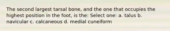 The second largest tarsal bone, and the one that occupies the highest position in the foot, is the: Select one: a. talus b. navicular c. calcaneous d. medial cuneiform