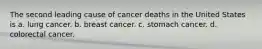 The second leading cause of cancer deaths in the United States is​ a. lung cancer. b. ​breast cancer. c. stomach cancer. d. colorectal cancer.