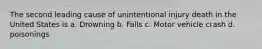 The second leading cause of unintentional injury death in the United States is a. Drowning b. Falls c. Motor vehicle crash d. poisonings