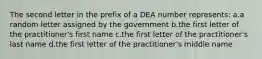 The second letter in the prefix of a DEA number represents: a.a random letter assigned by the government b.the first letter of the practitioner's first name c.the first letter of the practitioner's last name d.the first letter of the practitioner's middle name