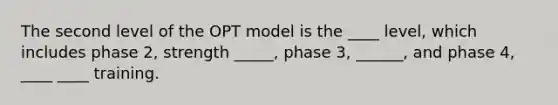 The second level of the OPT model is the ____ level, which includes phase 2, strength _____, phase 3, ______, and phase 4, ____ ____ training.