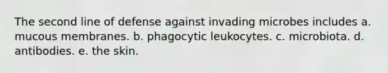 The second line of defense against invading microbes includes a. mucous membranes. b. phagocytic leukocytes. c. microbiota. d. antibodies. e. the skin.