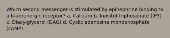 Which second messenger is stimulated by epinephrine binding to a b-adrenergic receptor? a. Calcium b. Inositol triphosphate (IP3) c. Diacylglycerol (DAG) d. Cyclic adenosine monophosphate (cAMP)