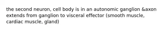 the second neuron, cell body is in an autonomic ganglion &axon extends from ganglion to visceral effector (smooth muscle, cardiac muscle, gland)