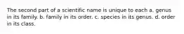 The second part of a scientific name is unique to each a. genus in its family. b. family in its order. c. species in its genus. d. order in its class.