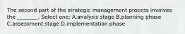 The second part of the strategic management process involves the ________. Select one: A.analysis stage B.planning phase C.assessment stage D.implementation phase