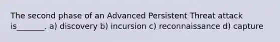 The second phase of an Advanced Persistent Threat attack is_______. a) discovery b) incursion c) reconnaissance d) capture