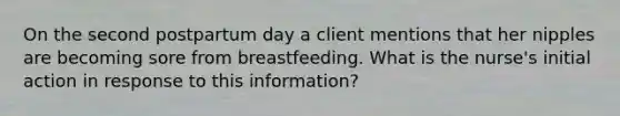 On the second postpartum day a client mentions that her nipples are becoming sore from breastfeeding. What is the nurse's initial action in response to this information?