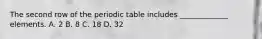 The second row of the periodic table includes _____________ elements. A. 2 B. 8 C. 18 D. 32