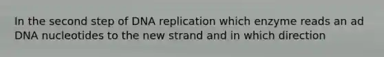 In the second step of DNA replication which enzyme reads an ad DNA nucleotides to the new strand and in which direction