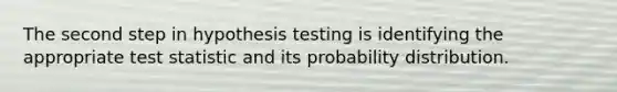 The second step in hypothesis testing is identifying the appropriate test statistic and its probability distribution.