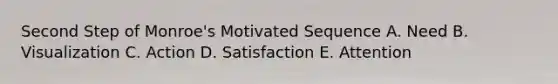 Second Step of Monroe's Motivated Sequence A. Need B. Visualization C. Action D. Satisfaction E. Attention