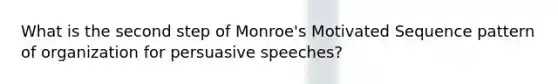 What is the second step of Monroe's Motivated Sequence pattern of organization for persuasive speeches?