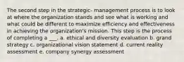 The second step in the strategic- management process is to look at where the organization stands and see what is working and what could be different to maximize efficiency and effectiveness in achieving the organization's mission. This step is the process of completing a ___. a. ethical and diversity evaluation b. grand strategy c. organizational vision statement d. current reality assessment e. company synergy assessment