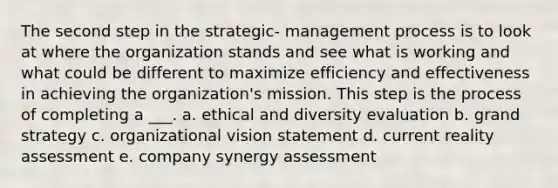 The second step in the strategic- management process is to look at where the organization stands and see what is working and what could be different to maximize efficiency and effectiveness in achieving the organization's mission. This step is the process of completing a ___. a. ethical and diversity evaluation b. grand strategy c. organizational vision statement d. current reality assessment e. company synergy assessment