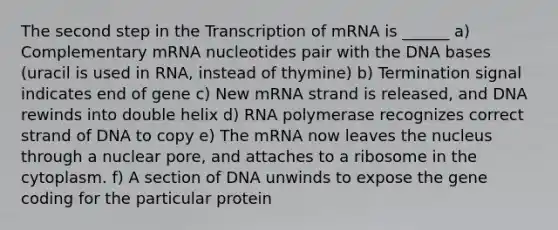 The second step in the Transcription of mRNA is ______ a) Complementary mRNA nucleotides pair with the DNA bases (uracil is used in RNA, instead of thymine) b) Termination signal indicates end of gene c) New mRNA strand is released, and DNA rewinds into double helix d) RNA polymerase recognizes correct strand of DNA to copy e) The mRNA now leaves the nucleus through a nuclear pore, and attaches to a ribosome in the cytoplasm. f) A section of DNA unwinds to expose the gene coding for the particular protein