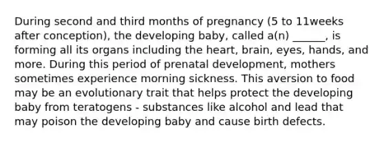 During second and third months of pregnancy (5 to 11weeks after conception), the developing baby, called a(n) ______, is forming all its organs including the heart, brain, eyes, hands, and more. During this period of prenatal development, mothers sometimes experience morning sickness. This aversion to food may be an evolutionary trait that helps protect the developing baby from teratogens - substances like alcohol and lead that may poison the developing baby and cause birth defects.