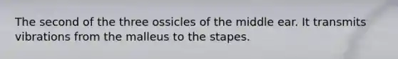 The second of the three ossicles of the middle ear. It transmits vibrations from the malleus to the stapes.