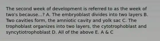 The second week of development is referred to as the week of two's because...? A. The embryoblast divides into two layers B. Two cavities form, the amniotic cavity and yolk sac C. The trophoblast organizes into two layers, the cytotrophoblast and syncytiotrophoblast D. All of the above E. A & C