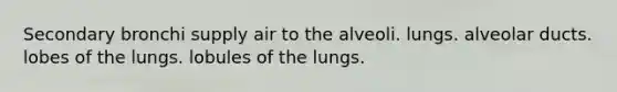 Secondary bronchi supply air to the alveoli. lungs. alveolar ducts. lobes of the lungs. lobules of the lungs.