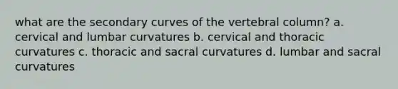 what are the secondary curves of the vertebral column? a. cervical and lumbar curvatures b. cervical and thoracic curvatures c. thoracic and sacral curvatures d. lumbar and sacral curvatures